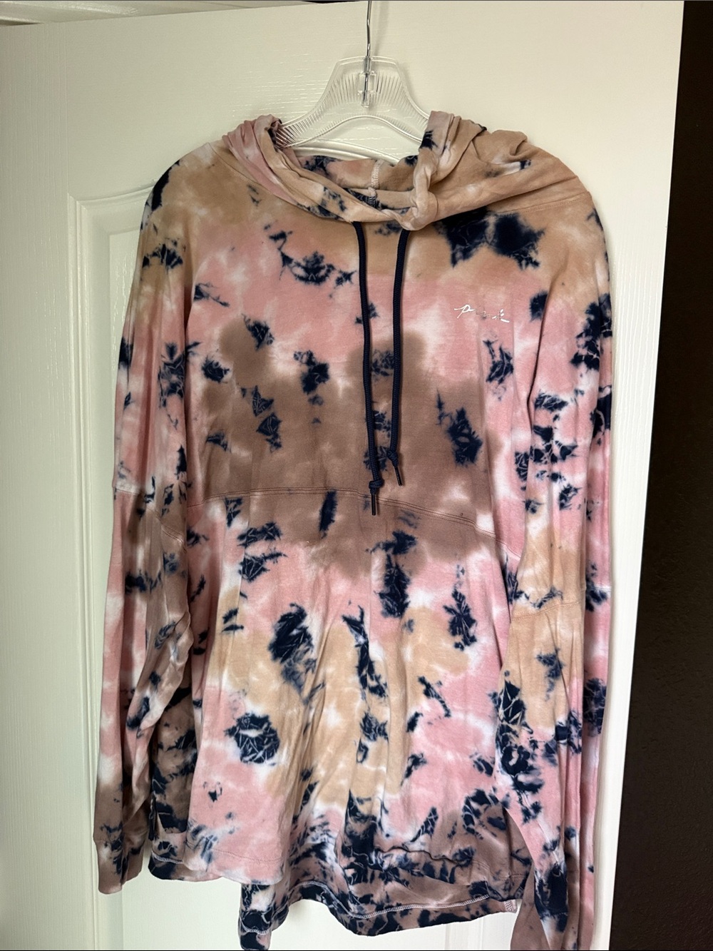 PINK Victoria's Secret Tie-Dye Hooded Sweatshirt in Pink, Tan & Navy